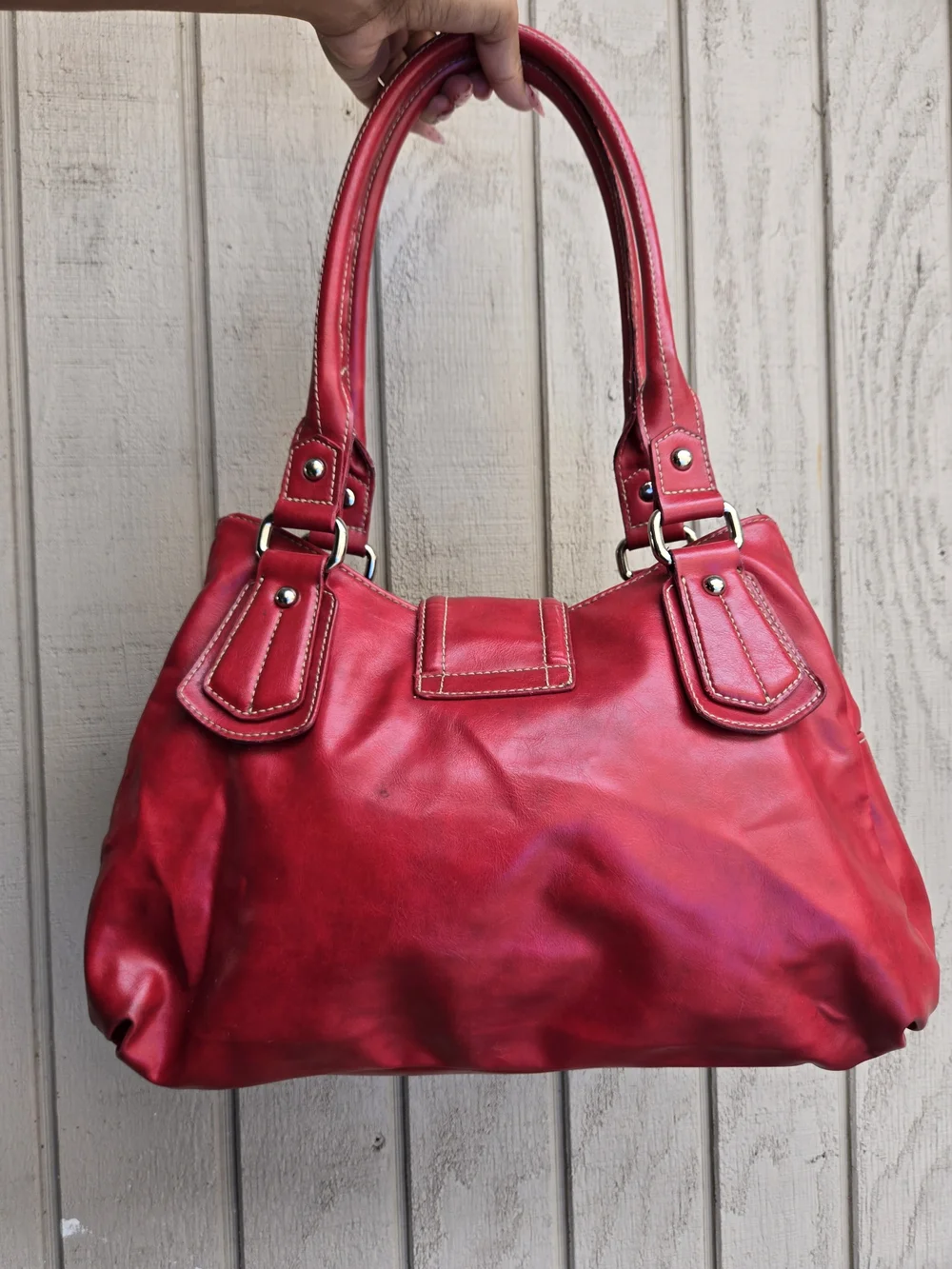 Vintage Red Women's Satchel Handbag with Silver Lock Detail